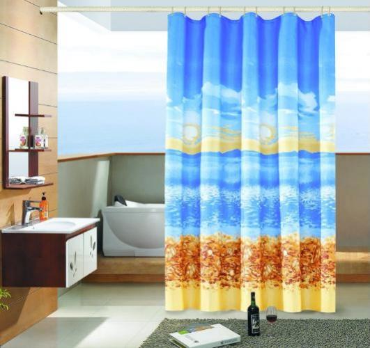 Coastal-pattern shower curtain in a contemporary bathroom