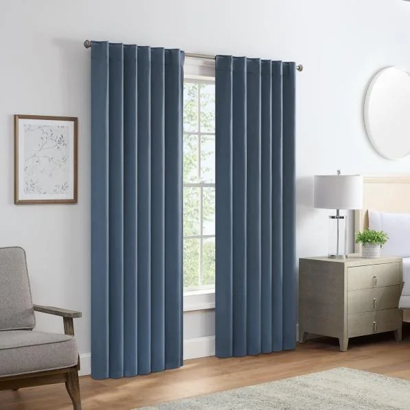 Blue window curtains in a contemporary interior
