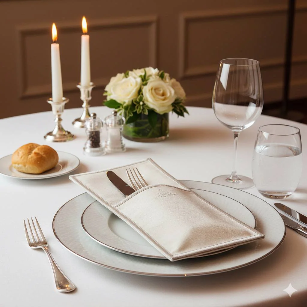 Ivory textile cutlery pouch arranged on an elegant place setting